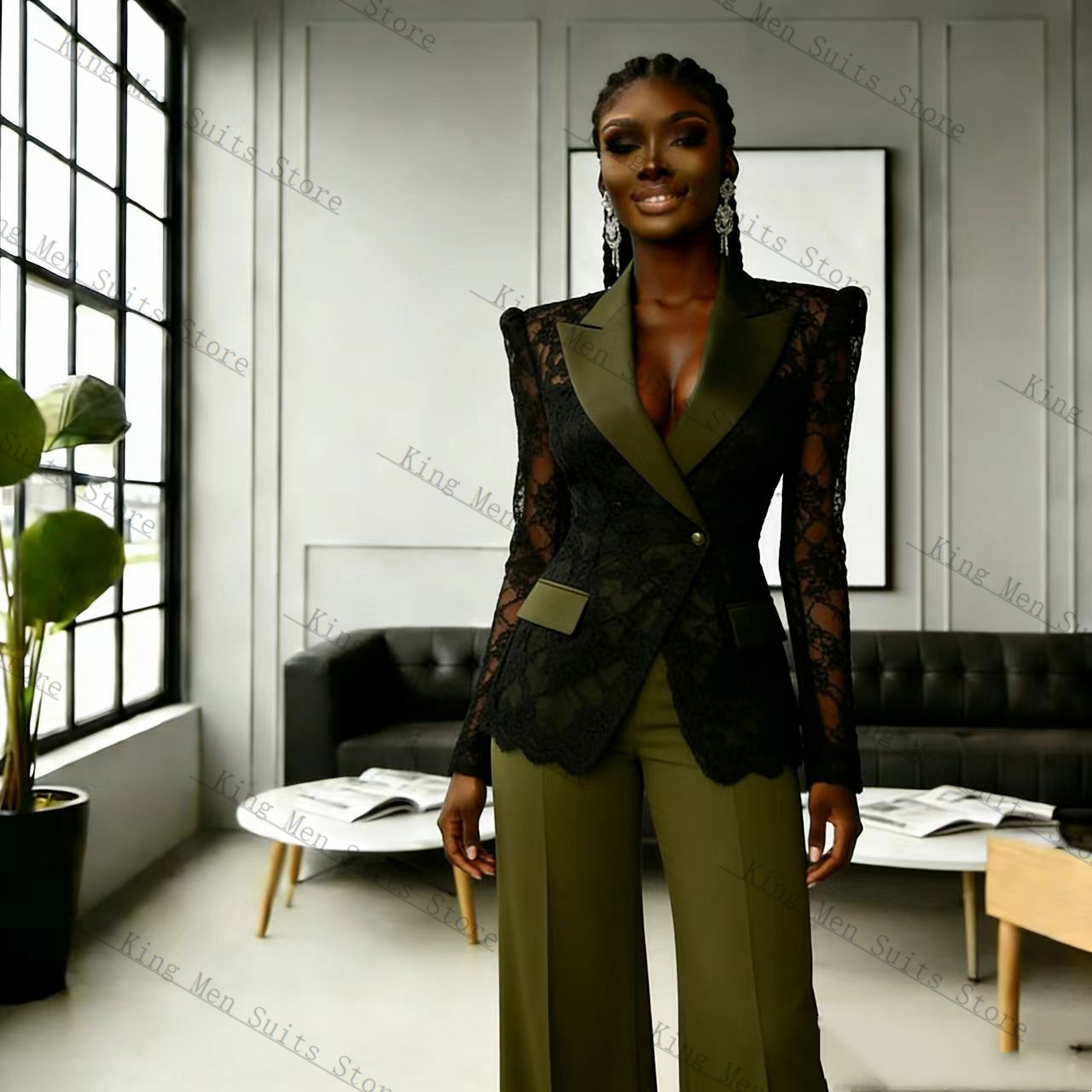 Women'S Formal Wear For A Wedding Guest - Grün-Schwarzes Spitzen-Damenanzug-Set 2-teilig Blazer+Hose Herbst Frühling