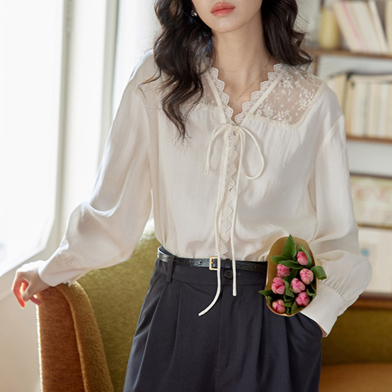 Women Formal Blouses For Evening Wear - Langarmhemden für Damen, Satin, Stehkragen, entspannte