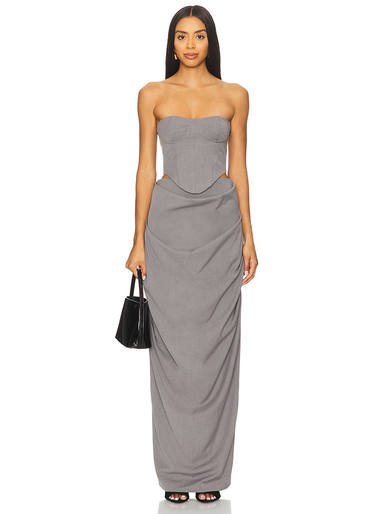 Shift Dress Sleeveless - Graues schulterfreies Korsett-Kleid-Set mit Raffungen 2026