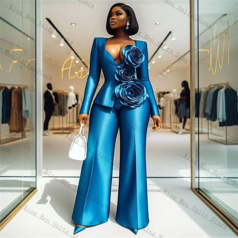 Women'S Formal Wear For A Wedding Guest - Blaues Satin-Damenanzug-Set, 2-teilig, Blazer + lockere
