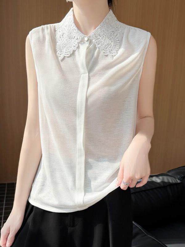 Women Formal Wear Vest - Spitzenbesatz Ärmelloses Strickhemd Damen Einfarbiges Westen-T-Shirt