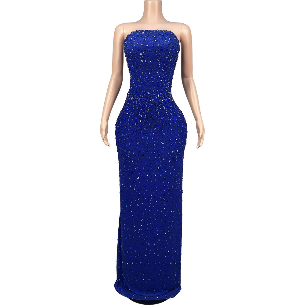 Women Luxury Formal Wear - Funkelndes Strass Blaues Trägerloses Abendkleid Gala
