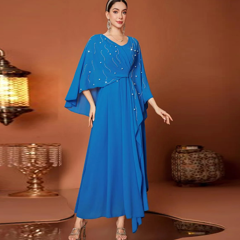 Women'S Formal Wear For A Wedding Guest - Luxuriöse Abendkleider mit V-Ausschnitt, Cape-Ärmeln, Perlen